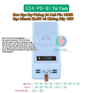 Box sạc dự phòng 24 cell pin 18650 C24 Sạc nhanh 22.5W và Sạc nhanh không dây 15W nam châm từ tính (Không gồm pin)