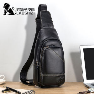 LAOSHIZI 100% Cowhide Leather Casual Fashion Crossbody Chest Bag mens leather bag Travel Shoulder Bag