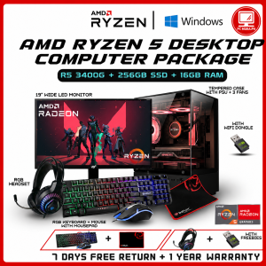 AMD Ryzen 5 Desktop Computer Package R5 3400G + 256GB SSD + 16GB RAM with 19" Wide LED Monitor RGB Headset RGB Keyboard + Mouse with Mousepad Tempered Case AMD Radeon Graphics