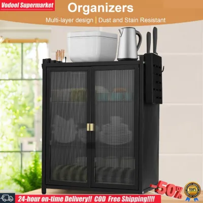 [Vodool]3-Tier Kitchen Countertop Cabinet Dustproof Kitchen Storage Cabinet with Double Door Kitchen Organizer