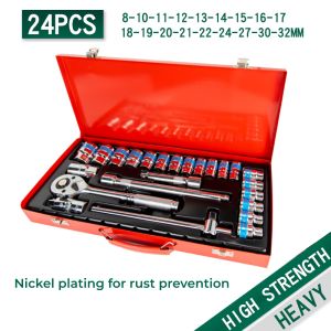 24PCS Automotive Tools Set For Car/Truck Repair 1/2 Drive Flyman Torque Ratchet Wrench Socket Heavy Duty