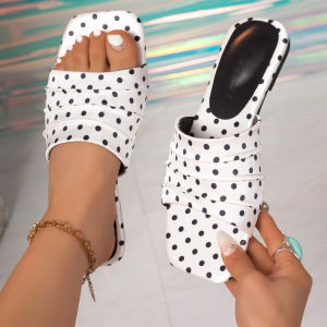 [Free Shipping] Square-Toe Polka Dot One-Strap Wedge Sandals For Women Summer 2026 New Style Flat Thick-Heeled Sandals