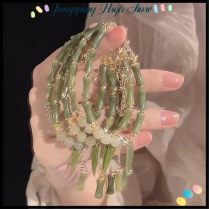 【Jumpping】 Chinese Style Retro Green Bamboo Joint Beaded Bracelet For Womens Fashion Simple Charm Alloy Leaf Bracelet Jewelry Gift