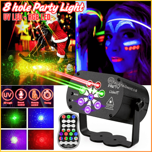 COD Lampu Disco Laser Sensor Suara Musik Proyektor LED 120 Patterns 8 Hole With Remote Control