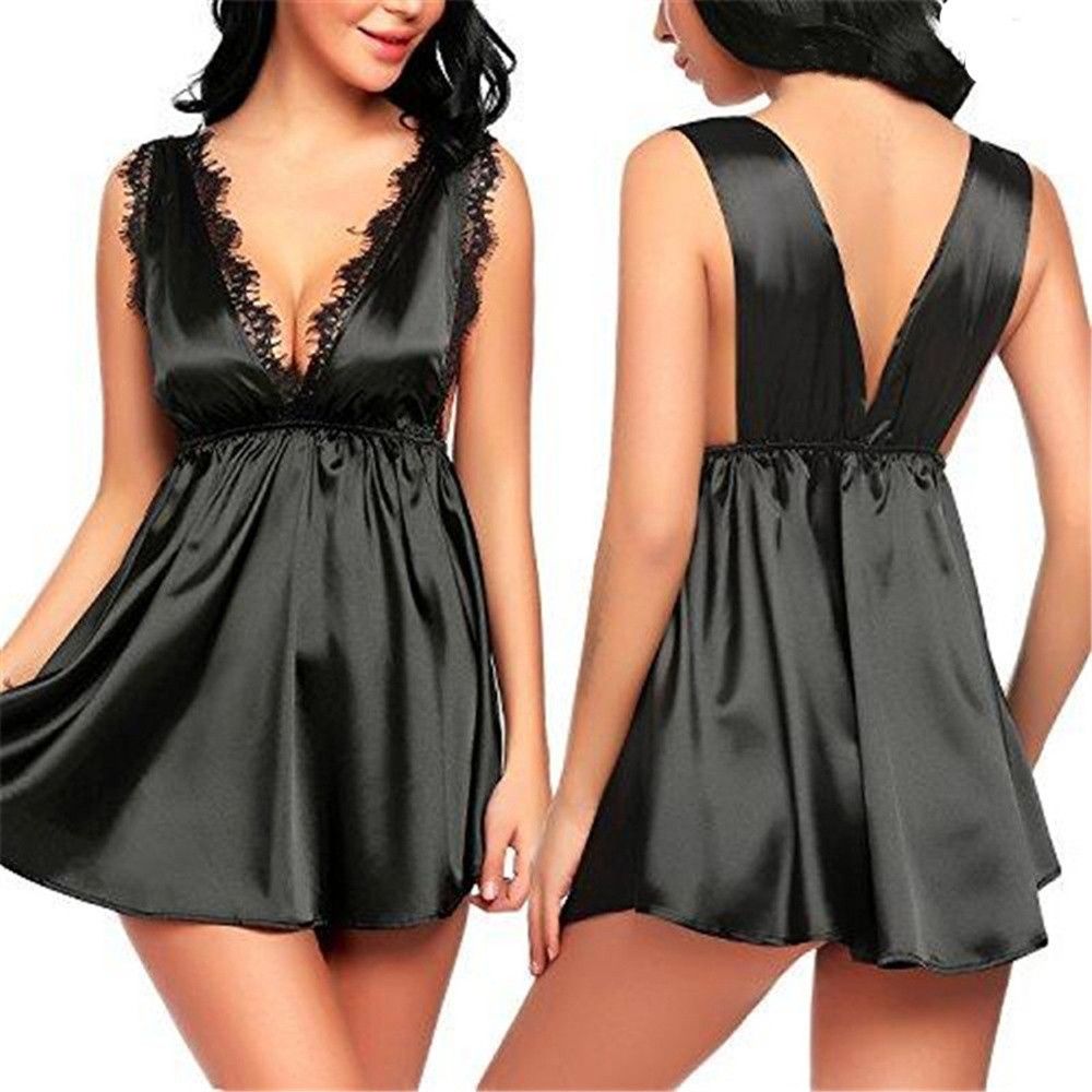 Satin Dress Underwear Plus Size Lace gerie Sexy V neck Black Red Nightdress Robes Pamas S 3xl{Womens Shoes and Clothing Women Clothing&lt;gerie, Sleep & Lounge &lt; Panties}. 