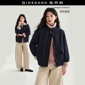 GIORDANO Women Jackets Teddy Fleece Trim Denim Padded Jackets Stand Collar Fashionable Casual Relaxed Jackets 18376216