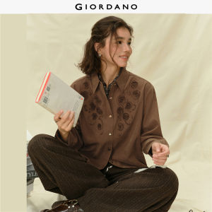 GIORDANO Women Shirts 3D Flowers Oversized Shirts Classic Collar Long Sleeve Fashionable Casual Shirts 18345521
