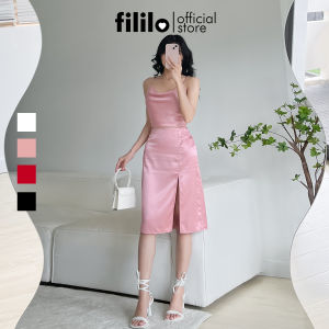Set Chân Váy Xẻ Đùi và Áo 2 Dây Cổ Đổ Croptop FILILO Vải Lụa Form chuẩn Thiết kế Cao cấp