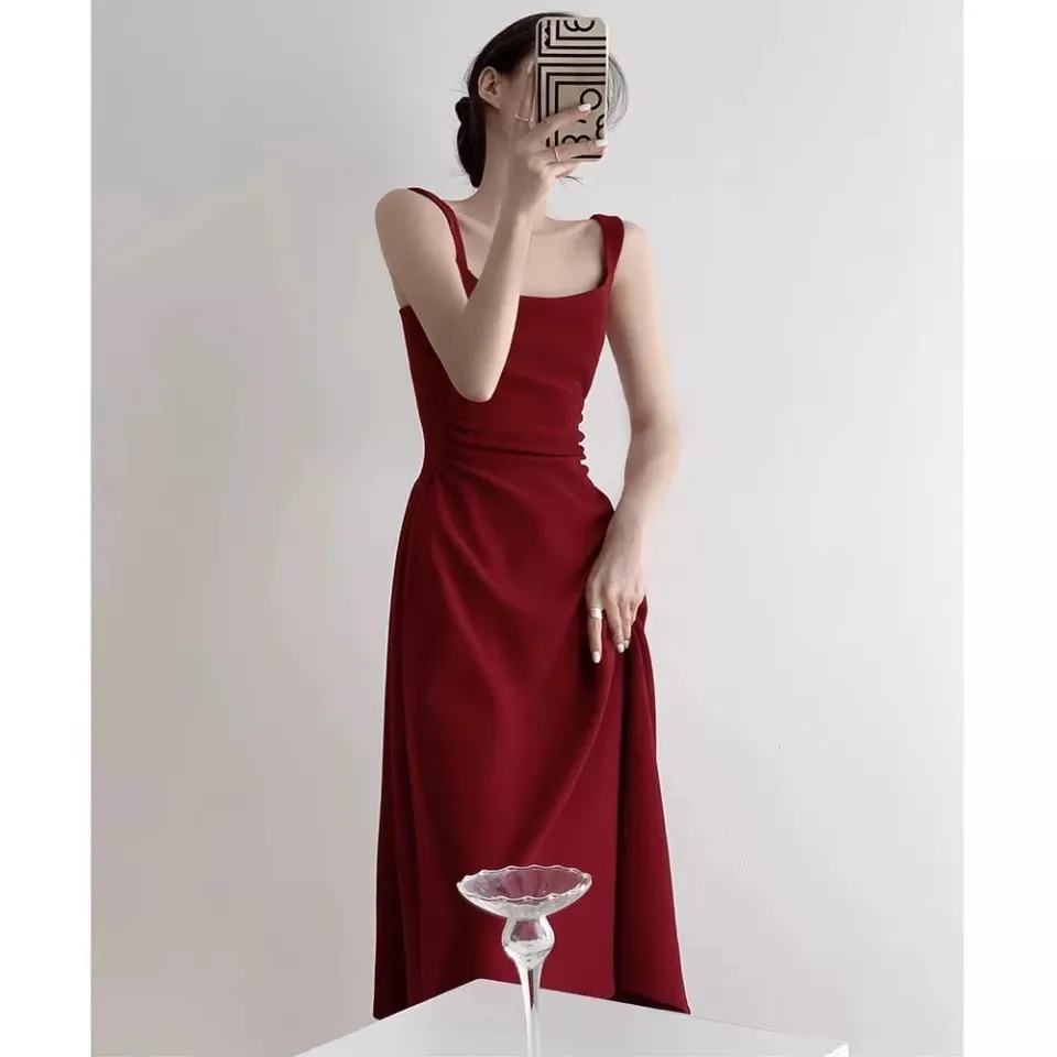 baju summer midi dress merah tanpa lengan wanita korea style kondangan simple  elegan kondangan terbaru 2025 | Lazada Indonesia
