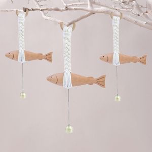KNQ12 Marine Beach Themed Wood Fish Sculpture With Bell Hand Carved Fish Wall Hanging Decor Door Pendant Rustic Fish Door Chimes Lake House