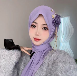 Jifang Solid Big Rose Flower Long Beaded Chain Tassels Plain Bubble Chiffon Square Scarf Viral Muslim Hijab Bawal QT16