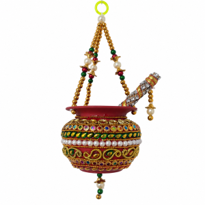 Handmade Makhan Handi / Krishna Matki with Decorative Stick | Hanging Dahi Handi For Janmashtami | Festive & Pooja Décor | 1 Pc