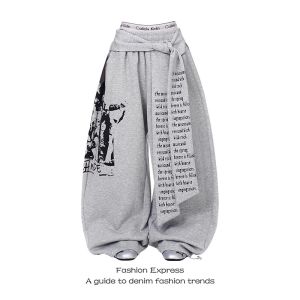 ZHIZOU Women Gray Gothic Baggy Y2k Letter Print Pants Harajuku 2000s Vintage Oversize Sweatpants Wide Leg Trousers Autumn 20262026