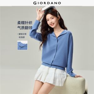 Giordano Beau Monde Women Lapel collar long sleeve button placket cardigan Free Shipping 13356611