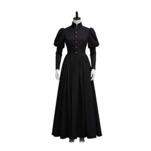 Victorian-style black retro court dress Stand-up collar puff sleeves fitted waist and flared skirt – a formal dress for occasions
