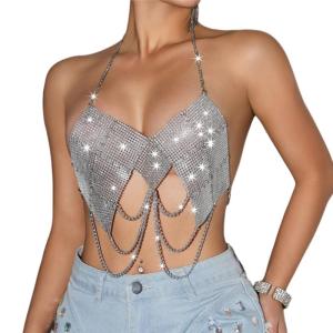 Women Mesh Rhinestones Bra Crop Top Backless Halter Fishnet Tank Top See Through Bikini Cover Up Night Out Party Outfit