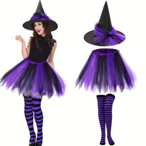 Halloween Witch Hat Costume Set - Striped Stockings Tutu Skirt Party Outfit