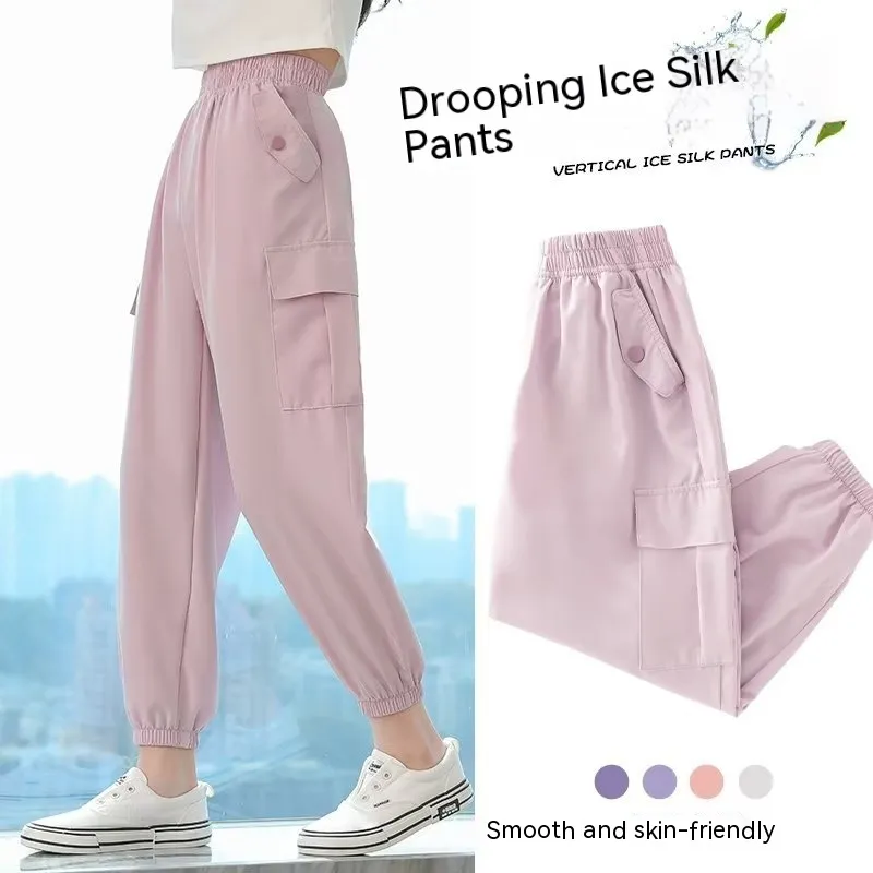 6-16 Years Old Summer Pants for Kids Girls Casual Ice Silk Cargo Pants  Trousers Elasticated Waist Loose Pants 4 Pocket Cargo Baggy Pants New Pants  Aesthetic Korean Style130-160CM