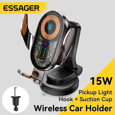 Essager 15W QI Car Wireless Charger Phone Holder Mount 360° Free Rotation 2.5D Glass Panel Intelligent Colored Light For iPhone 15 14 Pro Max Samsung Huawei Xiaomi Android Wireless Fast Charging Phone Holder Charger
