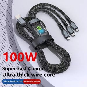 100W 6A 3 In 1สายชาร์จเร็วไมโคร USB Type C ที่ชาร์จโทรศัพท์มือถือเคเบิล USB C สายข้อมูล1.2M LOS สายชาร์จ USB LOS พร้อมไฟ LED Fast Charging Cable