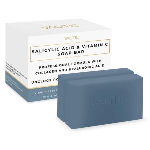 VALITIC Salicylic Acid and Vitamin C Soap Bar - Facial Cleanser and Exfoliating Body Wash for Blackheads Enlarged Pores and Blemish Skin with Collagen Hyaluronic Acid Vitamin E - 2 Pack
