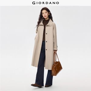 GIORDANO Women Coats 100% Cotton Big Collar Brushed Coats Concealed Placket Mid-Length Fashion Smart Casual Coats 05375677