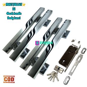 paket 4 buah gagagng handle pintu rumah dan fullset lock body kunci untuk pintu depan model kupu tarung daun pintu 2
