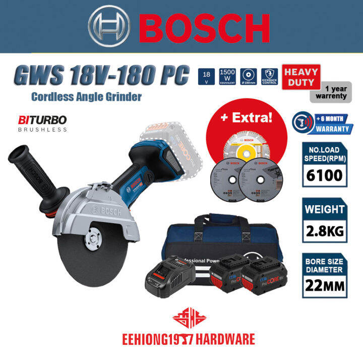 BOSCH GWS 18V-180 PC Professional Cordless Angle Grinder With BITURBO ...