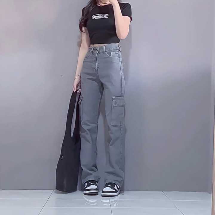 CELANA HIGHWAIST CARGO JEANS WANITA KEKINIAN Celana Denim Non