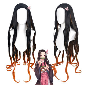Japanese Anime Demon Slayer Kamado Nezuko Cosplay Wig For Women Black-brown Long Curly Hair Tanjirou Sister Wavy Wig Hair Free Bow Ribbon