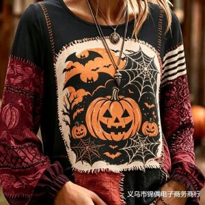 2026 Halloween elements 3D Printed color-block long-sleeve top T Womens round neck loose top