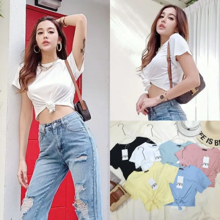 เสื้อครอปคอกลมแขนสั้นผูกเอว🧶ผ้าเด้งเนื้อดี🧶งานCottoncandy | Lazada.co.th
