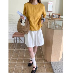 Women 100% Linen Crew Neck Short Sleeve Shirt 2026 Summer Breathable Comfort Blouse