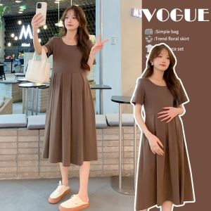 9Liชุดเดรสยาวขนาดใหญ่สำหรับผู้หญิงตั้งครรภ์เดรสชุดเดรสสไตล์คลาสสิกเกาหลีเสื้อผ้าสำหรับสตรีมีครรภ์ชุดคลุมท้อง M-5XL ทรงหลวม