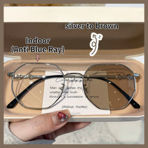 แว่นสายตาสั้น เลนส์อัตโนมัตแว่นกรองแสง-100° ถึง -400° กรอบแปดเหลี่ยม เปลี่ยนสีได้ UV400เปลี่ยนสีอัตโนมัติแสงแดด แว่นตาผู้หญิง และผู้ชาย
