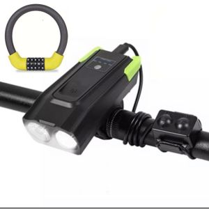 Combo Đèn pha xe đạp 2 bóng T6 có còi và Khóa xe đạp 5 số đổi được mã