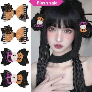 SHENHAO2🎀 2pcs Halloween long lanh Bow tóc Clip lấp lánh ma bí ngô Spider bownot kẹp tóc cho cô gái bên mũ Phụ kiện tóc