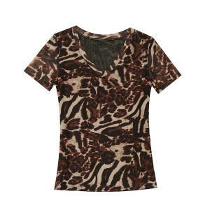 REHIN Womens top Fashion mesh Leopard printing short-sleeved T-shirt V-neck slim and thin elegant blouse