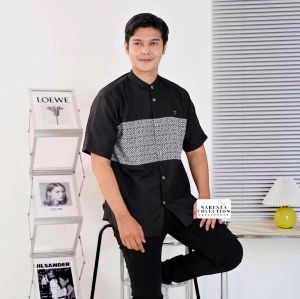 Baju Kemeja Koko Muslim Pria Dewasa Lengan Pendek Katun Kombinasi Batik Pekalongan Motif Kautsar Terbaru Kurta