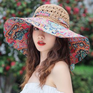 Women Sun Cap Large Brim Straw Beach Hat Floppy Wide Brim Bowknot Foldable Bucket Hat Fisherman hat topi pantai太阳帽沙滩帽