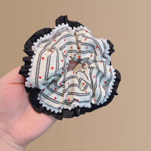 Kiểu Pháp ngọc trai pha ren trái tim sọc scrunchies nhẹ nhàng của phụ nữ Bun đầu dây buộc tóc thấp tóc đuôi ngựa Tie Phụ kiện tóc ngọt ngào