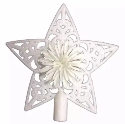Christmas Decorative 7.5 Inches Christmas Star Tree Topper Glitter with Flower for Table Top Ornament Reusable Large (White)