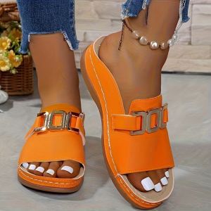 [Free Shipping] WomenS Wedge-Heeled Thick-Soled Slippers 2026 New Style Plus-Size Casual And Fashionable With Buckle Details And A Fish-Mouth Design