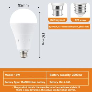 9W/15W Rechargeable Emergency Light Bulb Portable with Hook Waterproof Rechargeable E27 Mobile LED Bulb