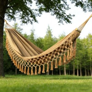 PLLEWY Tassel Double Hammock Bohemian Style Anti-Rollover Garden Swing Hammock Durable Canvas Camping Hammock Outdoor