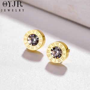OYJR Bông tai titan nữ không gỉ khắc số la mã phong cách pha lê thời trang hàn quốc