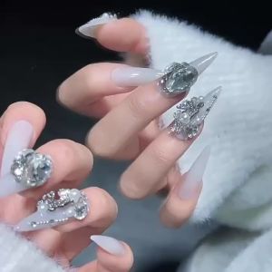 [HANDMADE]Artificial Nail Wedding Diamond Bracelet Long Water Drops Phototpy Nails Reusable and Removable Nails