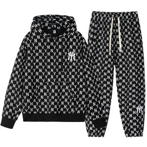 MLB&NY ชุดกีฬาแบรนด์แฟชั่นสำหรับผู้ชายและผู้หญิงฤดูใบไม้ผลิและฤดูใบไม้ร่วงพิมพ์ลายดอกไม้เต็มรูปแบบมีฮู้ดกางเกงขายาวลำลองแบบใหม่ชุดสองชิ้น