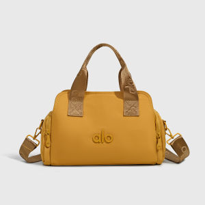 ALO Women Structured Nylon Doctor Bag Woven Top Handle Embossed Letter Side Zip Pockets Detachable Crossbody Strap Compact Handbag