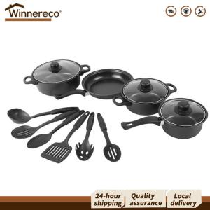 【Winnereco】 12Pcs Non Stick Cookware Set Deep Frying Pan with Lid Milk Pot Maifan Stone Frying Pan Stackable Pot Set for All Hob